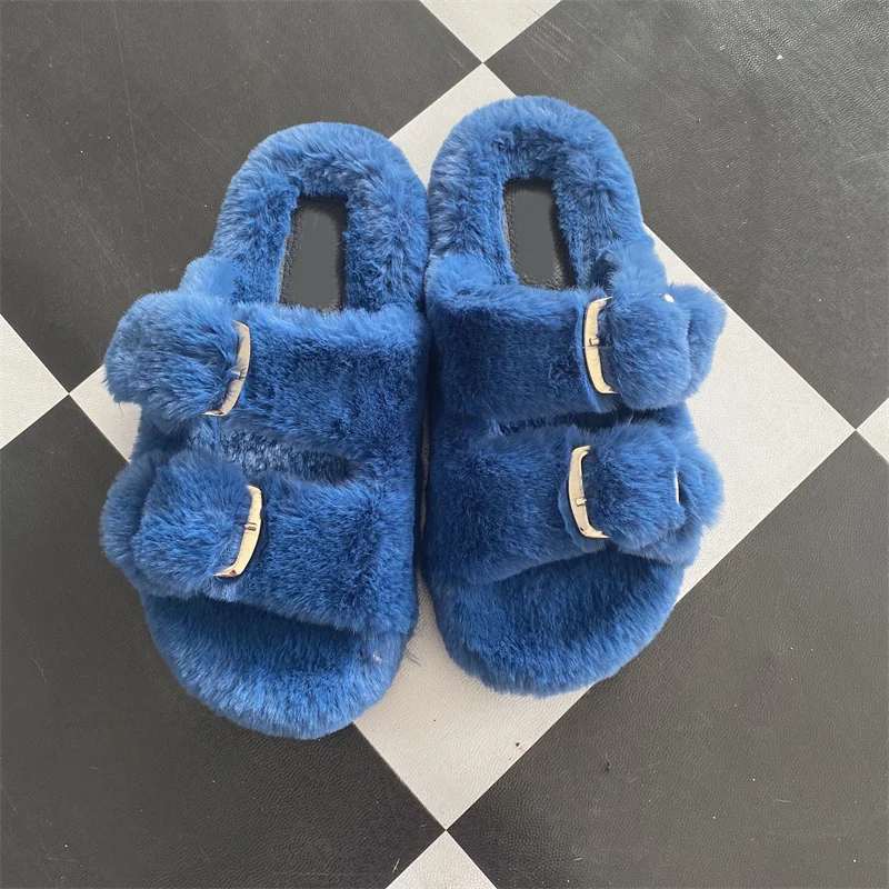 Winter Faux Fur Slippers Warm Fluffy Slippers Shoes For Women Indoor Floor Slides Flat Soft Furry Ladies Female Outdoor Slippers