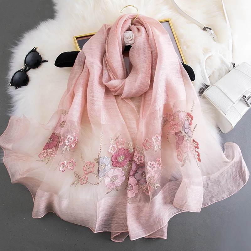 

New Women Silk Wool Scarf Hijab Foulard 2022 Pashmina Beach Stoles Bandana Embroider Lady Long Shawls and Wraps Headband Fashion