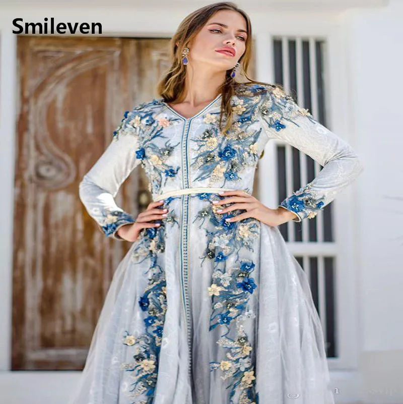 Smileven Moroccan caftan Sky Blue Evening Dresses 3D F lowers Arabic Muslim Special Occasion Dress Evening Party Gowns