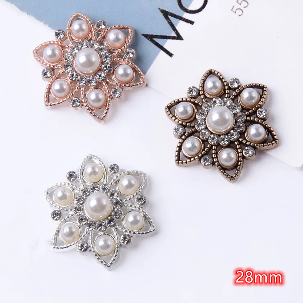 Snowflake Buttons Embellishment 10pcs Vintage Pearls Flower Accessories Gold Silver Flatback Button for Christmas Decoration