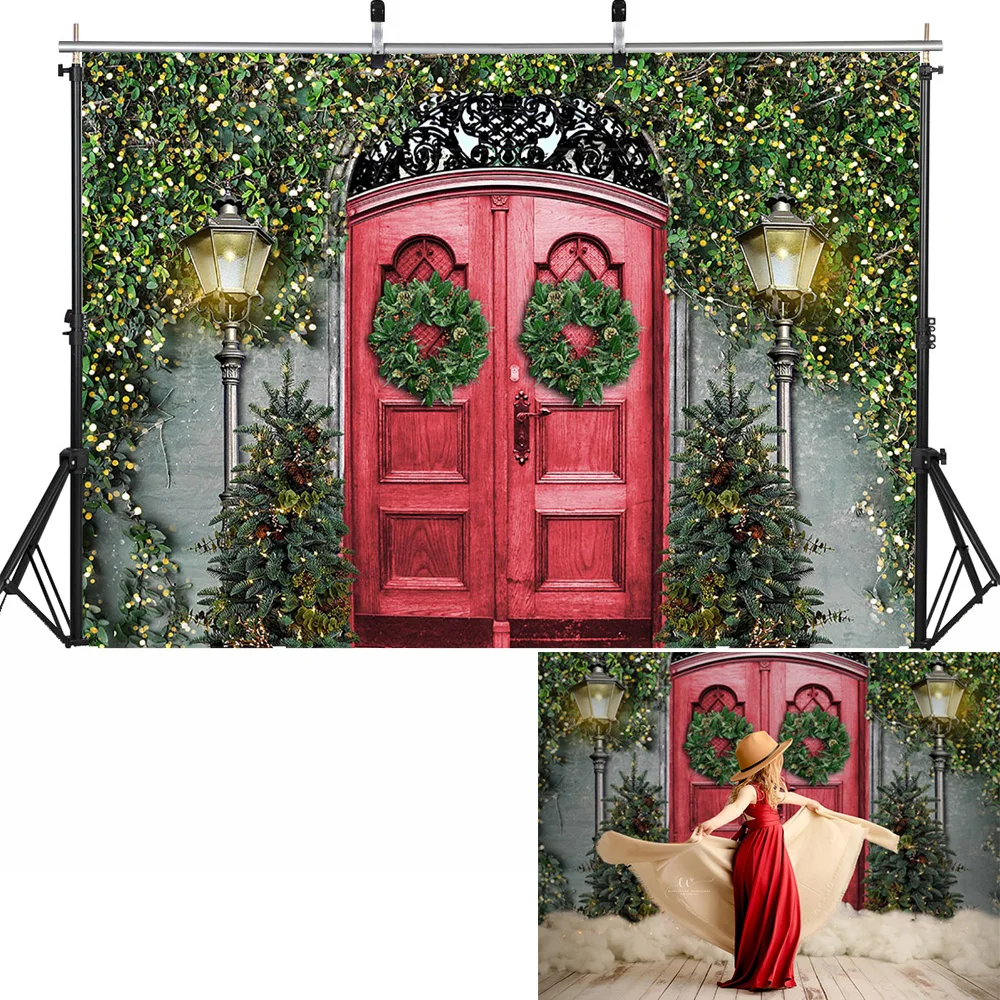 Retro Rustic kayu dooe Christams latar belakang foto Studio hijau karangan bunga salju musim dingin anak dewasa latar belakang fotografi ulang tahun