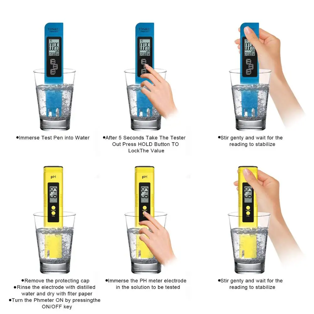 2Pcs TDS Meter Digital Water Tester Digital 0.0-14.0 PH Meter Tester 0-9990ppm TDS&EC LCD Water Purity PPM Aquarium Filter