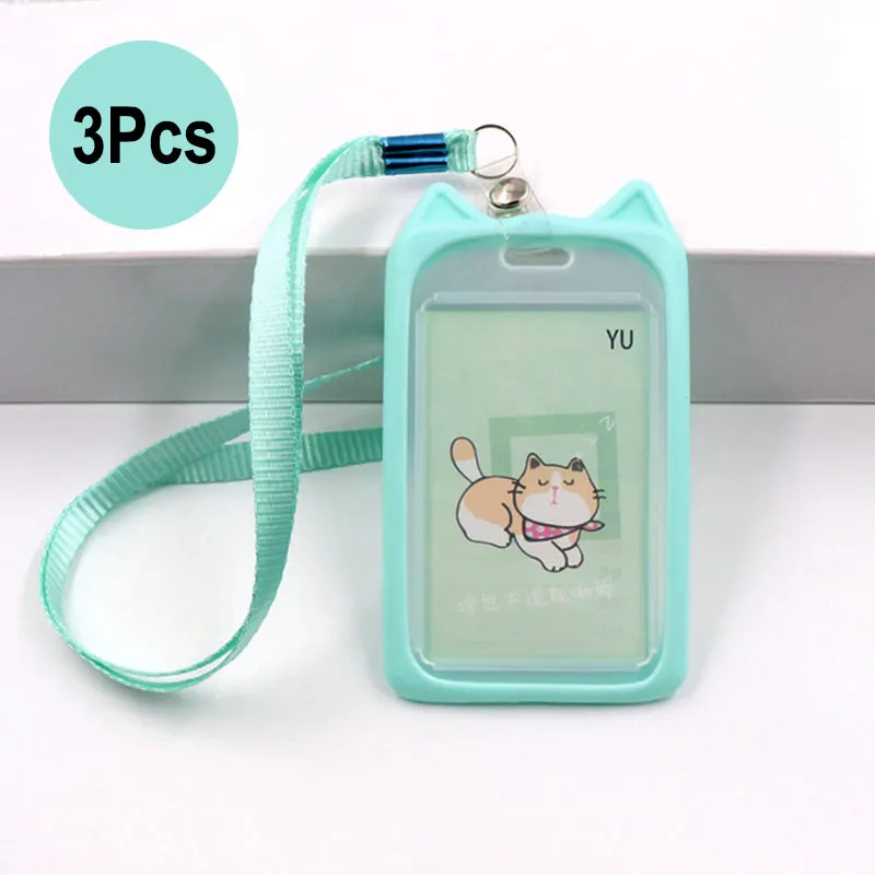 3Pcs/Set Cute Cat Silicone ID Card Protection Cover Case Lanyard Badge Holder Kids School Student Office Exhibit Work Neck Strap