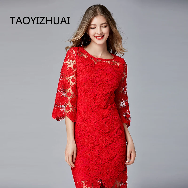 TAOYIZHUAI ladies fashion women's clothing European and American sexy mid-length crocheted hollow lace dress festive dress