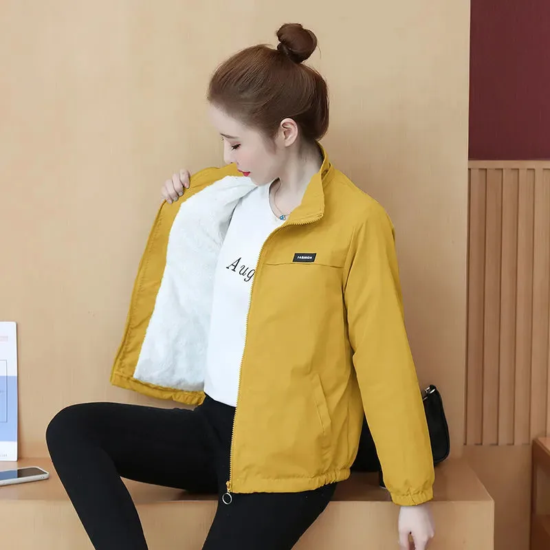 2023 Lady Spring Autumn Yellow Short Fleece Jackets Women Long Sleeve Baseball Uniform Jacket Zipper Bomber Jacket Outwear Q131