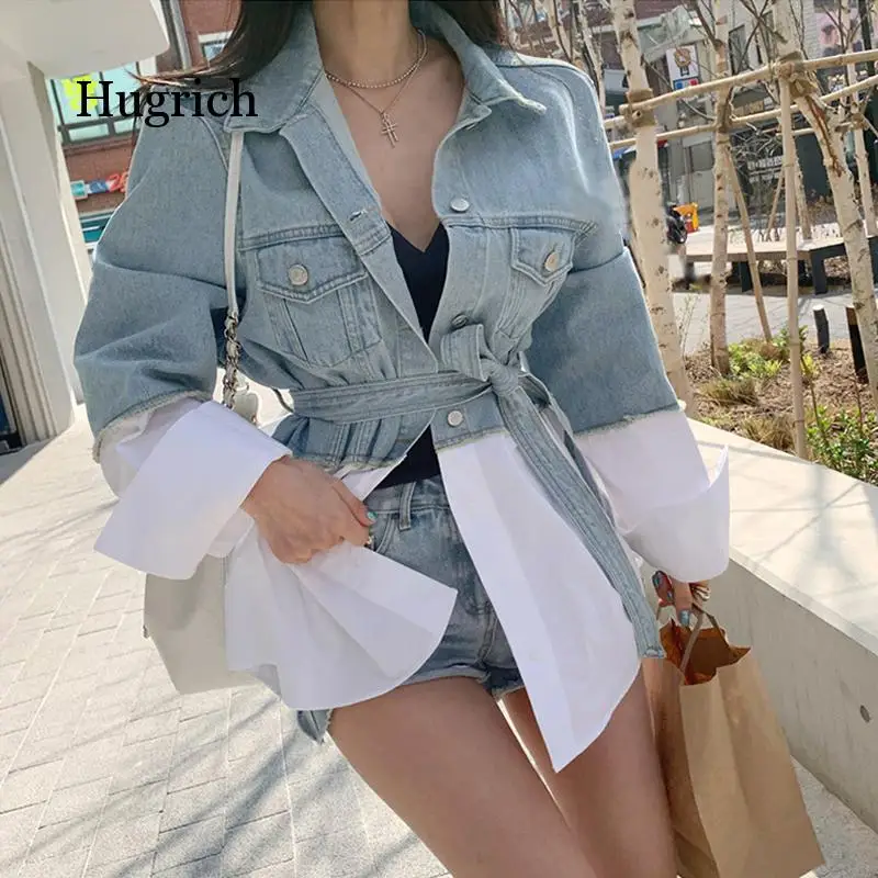 2021 Spring Autumn Women's Denim Jackets Patchwork Sashes Lace Up Outerwear High Street Fashionable Jeans