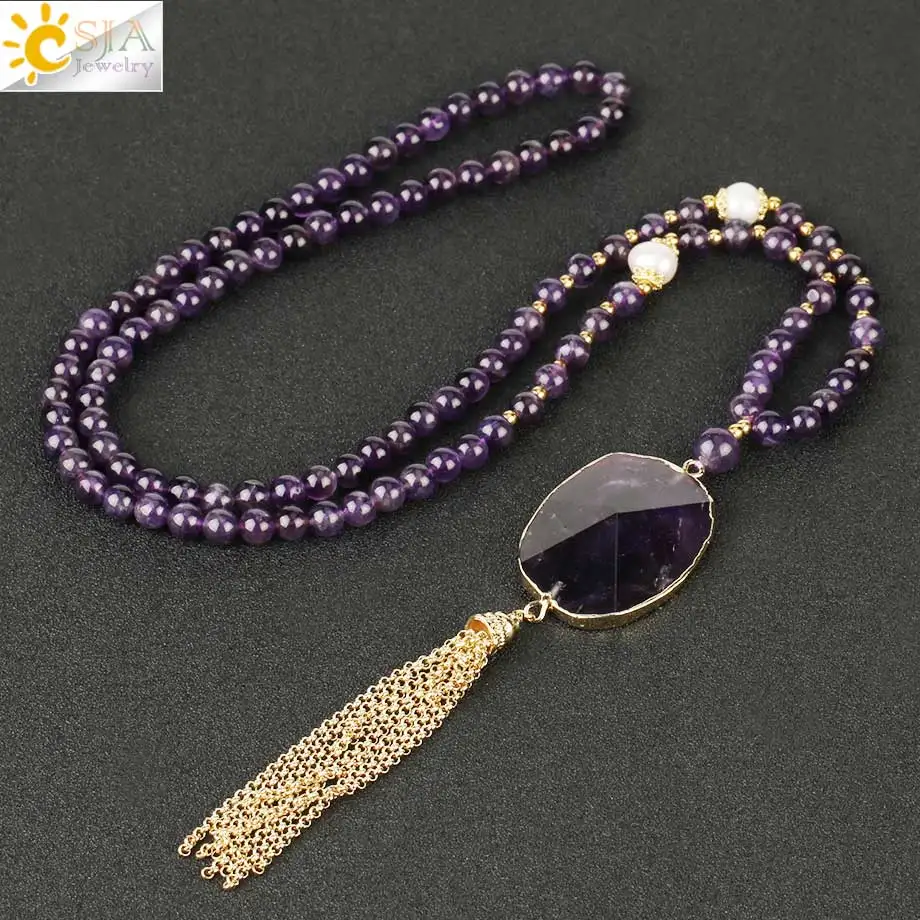 CSJA Amethysts Necklace Natural Stone Long Beads Purple Necklaces for Women Pendant Boho Gold Color Tassel Collar Amatista S470