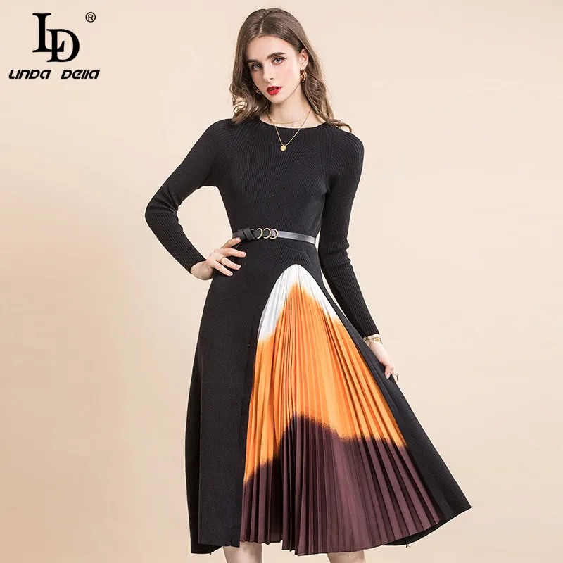 

LD LINDA DELLA 2022 Autumn Fashion Runway Vintage elastic Knitted Dress Women Long Sleeve Patchwork Pleated Belted Midi Dress