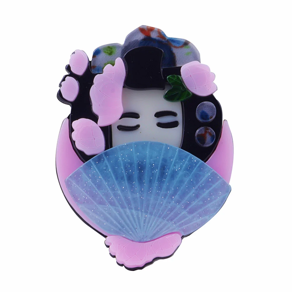 New Cute Kimono Lady Figure Acrylic Brooches for Woman Japanese Female With Fan Brooch Lapel Pins Badge Jewelry Accessories Gift