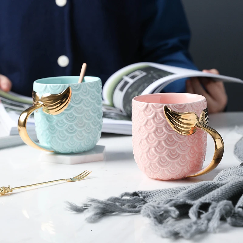 Creative Gold Coffee Mugs Mermaid Ceramic Cup Morning Milk Cup Travel mug Tea Cup Christms Gift For Girlfriend Tableware Decor