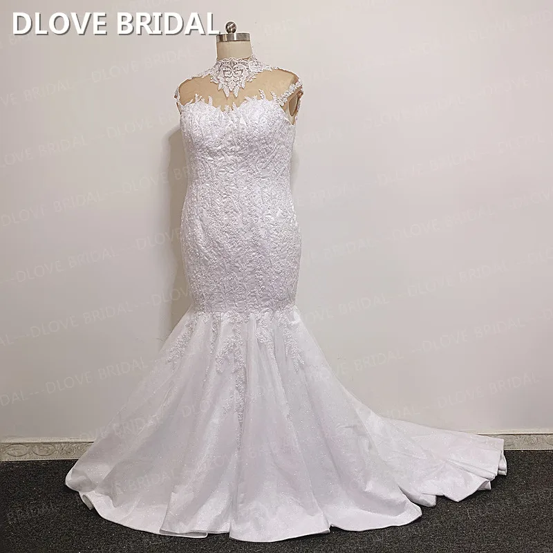 

Sparkle Mermaid Wedding Dress High Neck Beaded Lace Bridal Gown