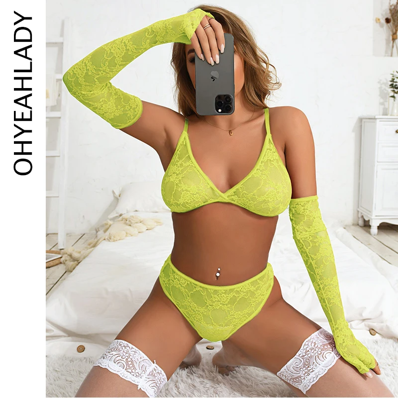 

Ohyeahlady Full Lace High Stretch Trim Underwear Bra High Waist Panty See-through Spaghetti Strap With Sleeves Erotic Lingerie