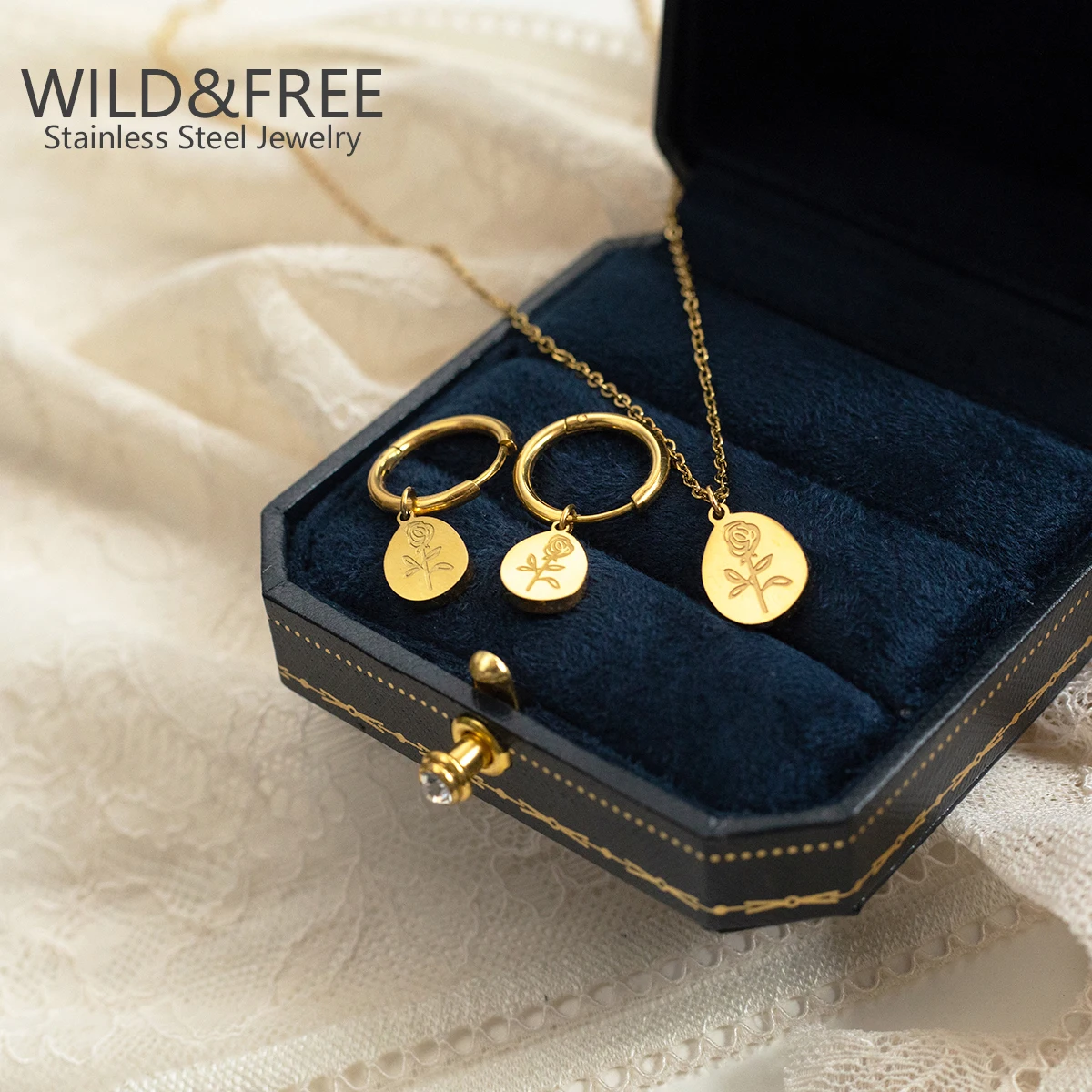 Wild&Free Trend Stainless Steel Jewelry Set Gold Plated Necklace Europe And American Ins Style Jewelry Corrosion Rose Necklaces