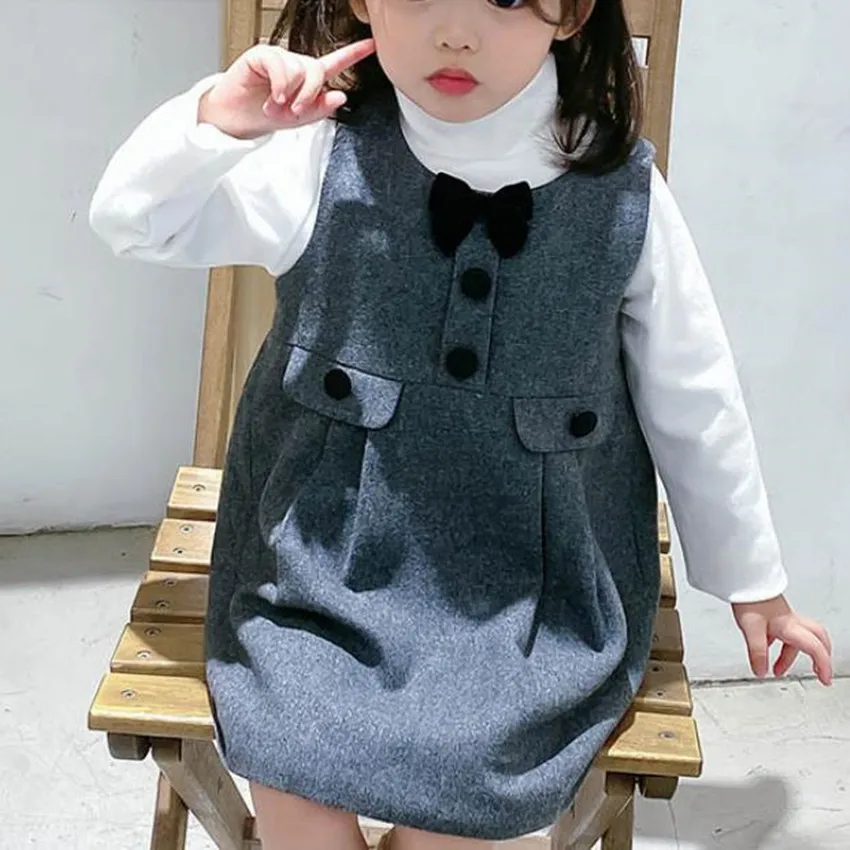 Baby girl autumn winter vintage preppy style woolen vest dress kids shiny handmade bow sleeveless birthday princess a-line