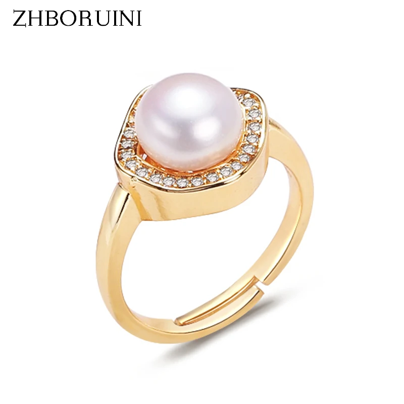 ZHBORUINI 2024 New Pearl Ring 14K Gold Filled Square Simple Vintage Zircon 100% Real Natural Pearl Female Jewelry For Woman