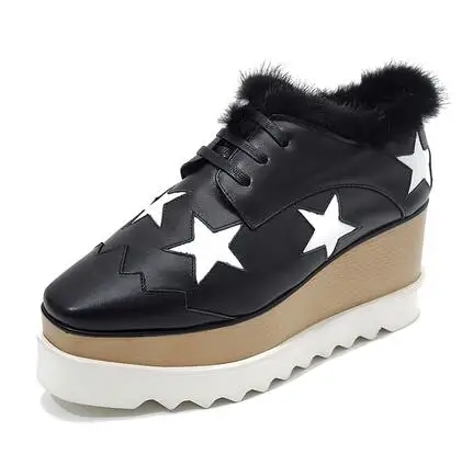 

2021 Hot Sale Women Genuine Leather Casual Shoes Star Decor Round Toe Platform Sports Chunky Heels Winter Warm Footwear