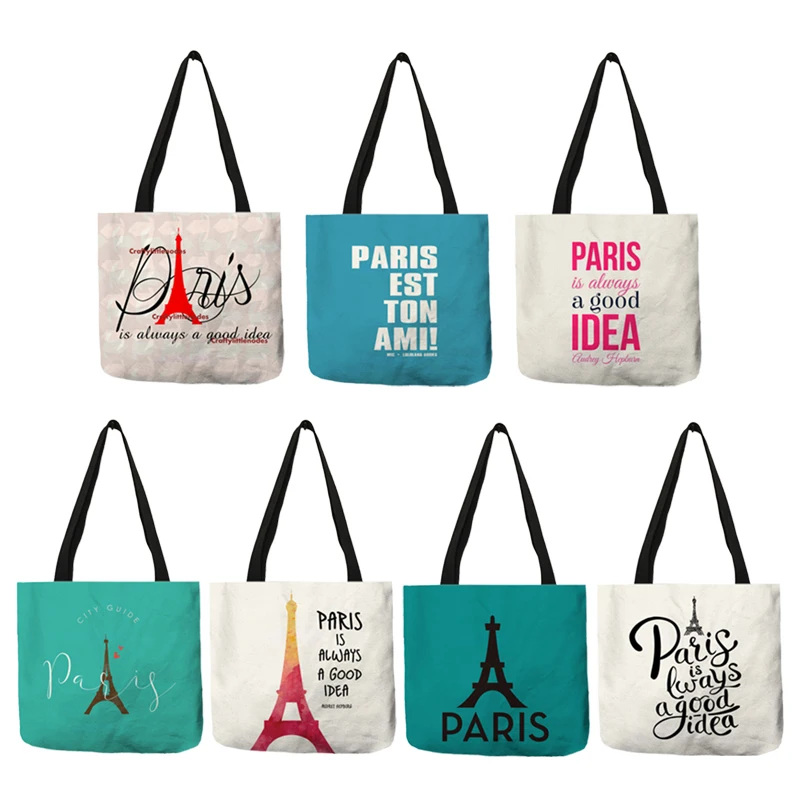 Fashion Paris English Letters Print Tote Bag Women Fashion Reusable Shopping Bags Linen Handbags Pouch