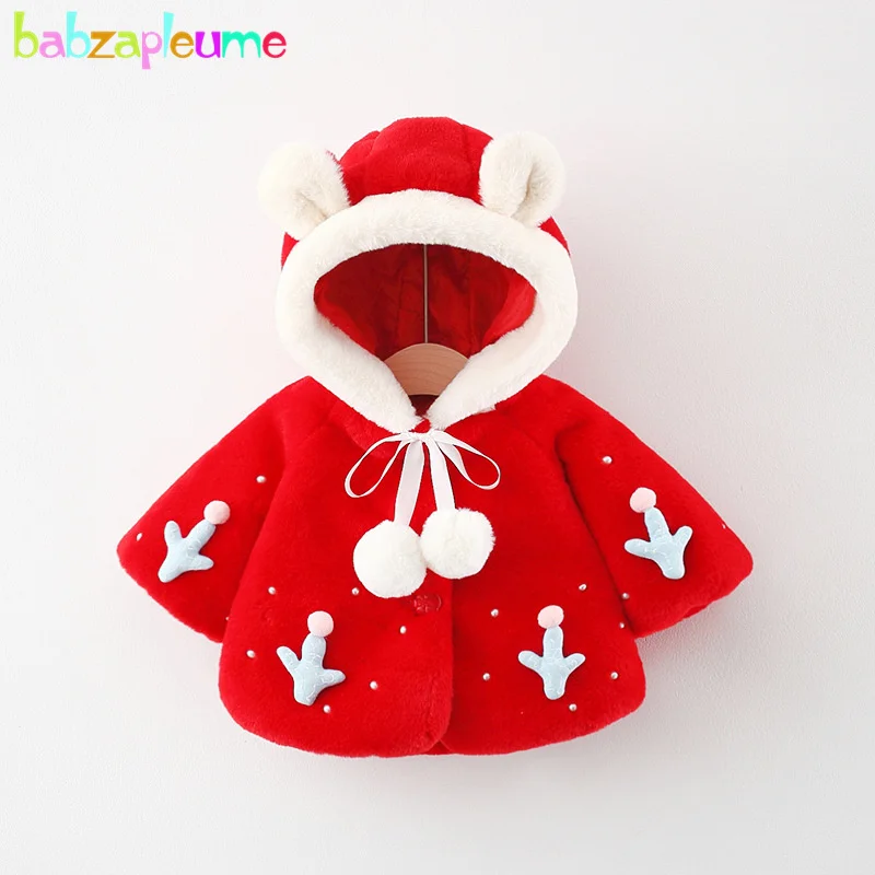 Fall Winter Kids Jacket Newborn Baby Girls Clothes Korean Cartoon Cute Hooded Plus Thick Velvet Warm Faux Fur Toddler Coats 024