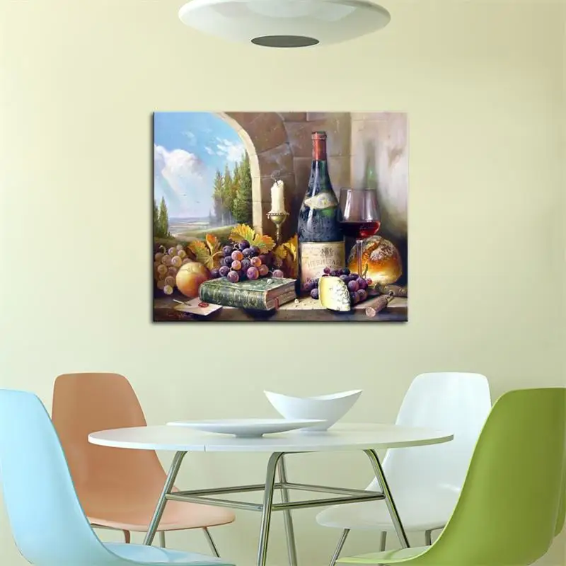 Custom Hand Painted Oil Painting for Kitchen Glass of Red Wine with Grapes Books Peach Blue Sky Green Trees Wall Art Drop ship