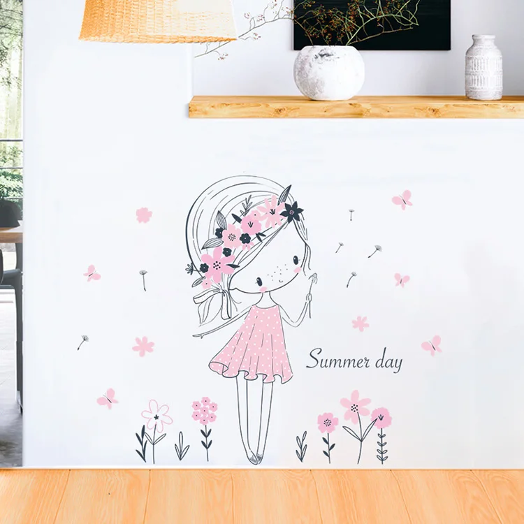 Schöner Sommer-Mädchen-Wandaufkleber für Mädchenzimmer-Dekoration, Tapete, Niedliche Rosa Serie, Kinderzimmer-Deko, Selbstklebende Aufkleber – Detail 4