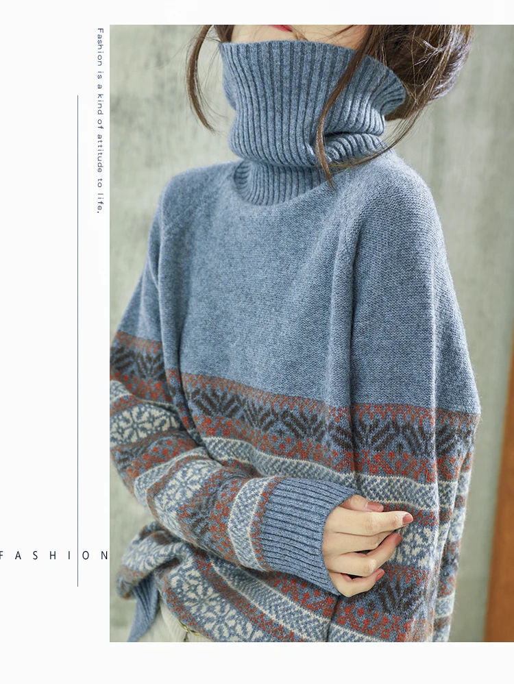 National style turtleneck sweater women winter thickening cashmere jumpers wool knit bottom female long sleeve  loose pullover