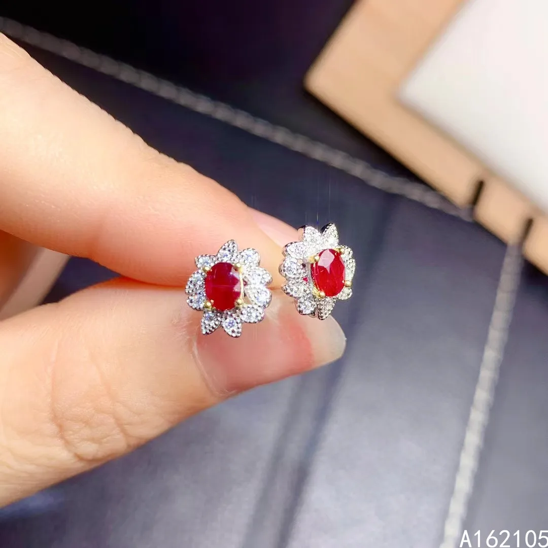 

Fine Jewelry 925 Pure Silver Natural Ruby Girl Classic Fresh Plant Gem Earrings Ear Stud Got Engaged Marry Party Birthday Gift