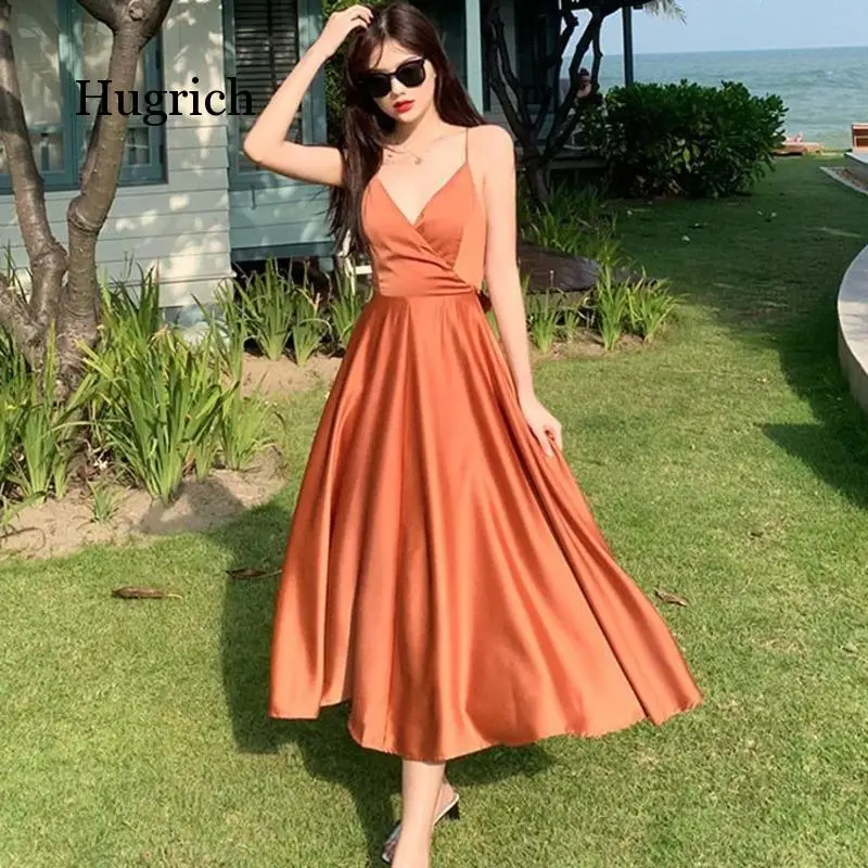 Beach Vestidos Robes 2021 Sweet Summer Strap Sleeveless Boho Sexy Backless Bowknot Long Elegant Satin Party Dresses