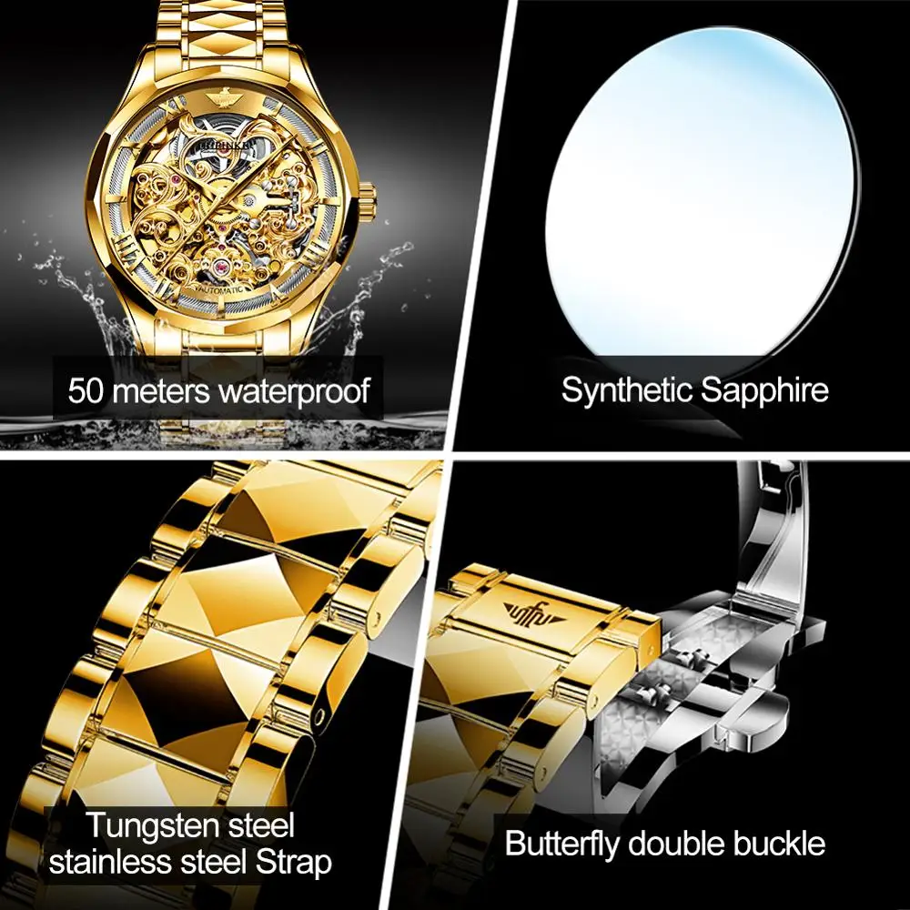 OUPINKE-Reloj de pulsera mecánico automático para hombre, cronógrafo de acero de tungsteno con espejo de zafiro, marca superior de lujo, color dorado