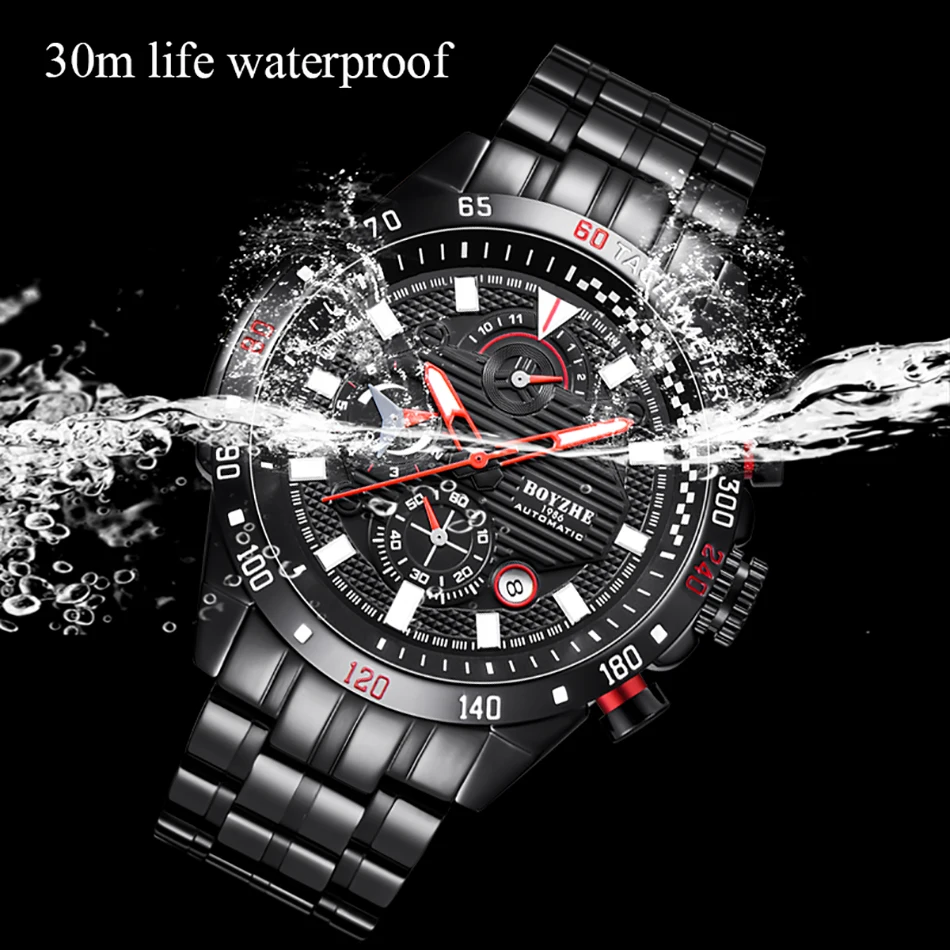 BOYZHE Men Automic Mechanical Watch Multifunction Week Calendar Display Waterproof Sport Mens Watches relogio masculino Clock