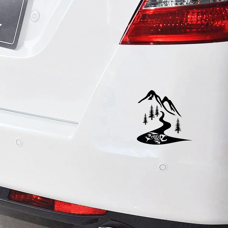 17*16.7cm MOUNTAIN & STREAM & FISH Car Stickers Funny Window Bumper Novelty JDM Drift car stickers and decals