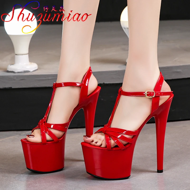 2021 European Summer Sandals Candy Color Point Open toe  Cross belt Red Women Party Shoes High Heels 17cm Thin Heel Sandals Lady