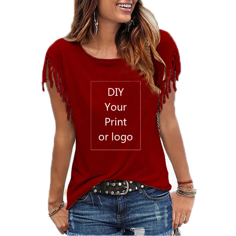 Individuelle Druck T Shirt für Frauen DIY Ihre Wie Foto oder Logo Top Baumwolle Quaste Kurzarm Oansatz Baumwolle T