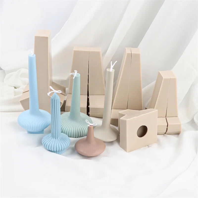 3D Sculptural Ribbed Pillar Candles Mold Modem Aestheticl Tall Vase Column Silicone Mould Candlestick Dinner Tables Decoration
