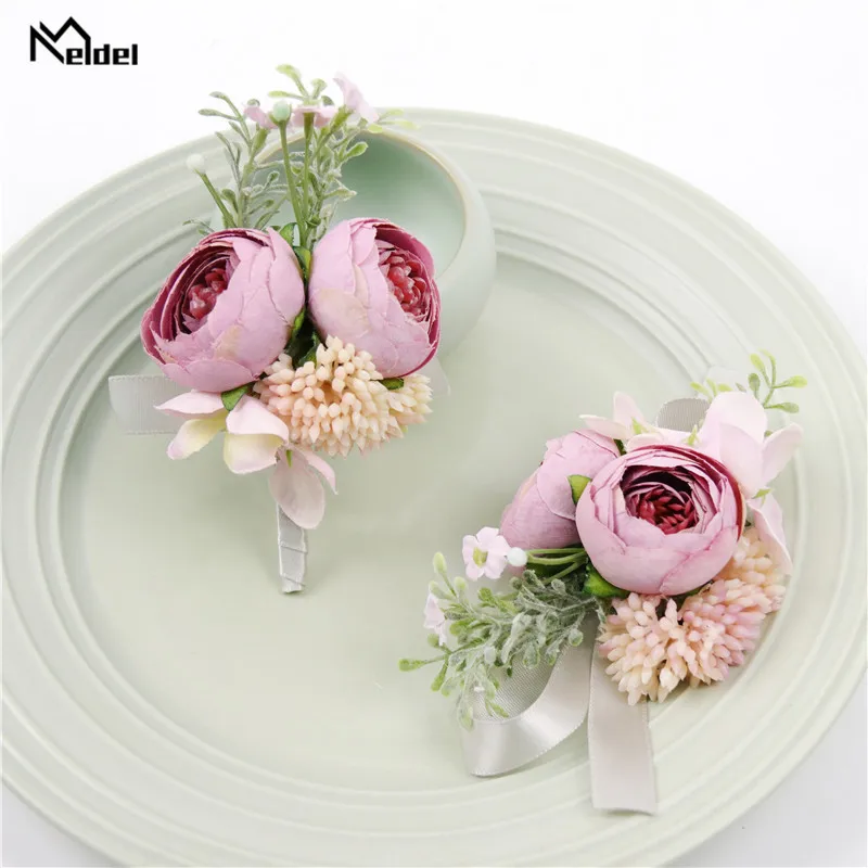 Meldel Silk Rose Corsage PIN Boutonniere สำหรับเจ้าบ่าวแต่งงานสร้อยข้อมือ Bridesmaids แต่งงาน Boutonniere พยาน Corsages