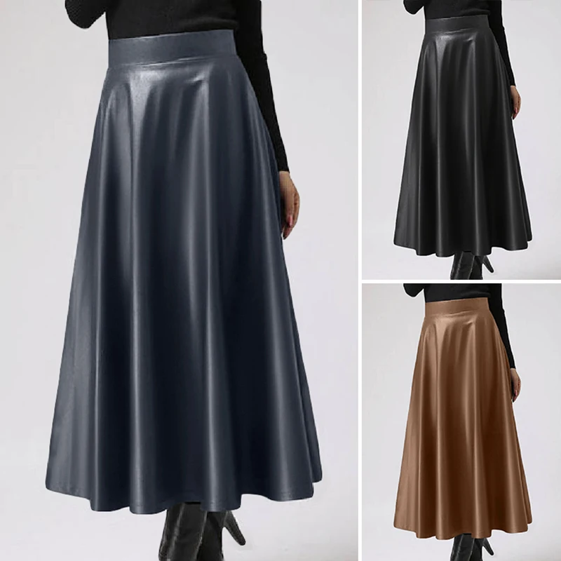 Leather Skirt Ladies Elegant Office Lady Skirt 2023 Celmia PU Solid Color Midi Skirts   Party Skirt High Waist skirt