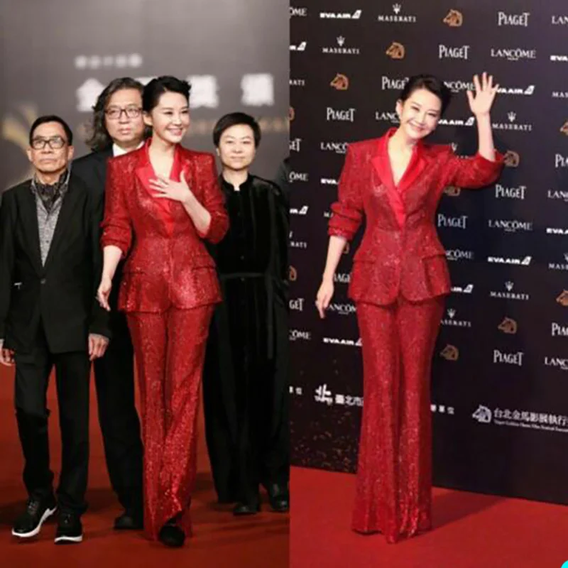 Red Carpet Fashion Women Suit Sets Custom Made Sequins Tuxedos Evening Party Slim Blazer Formal Wear For Wedding (Jacket+Pants)