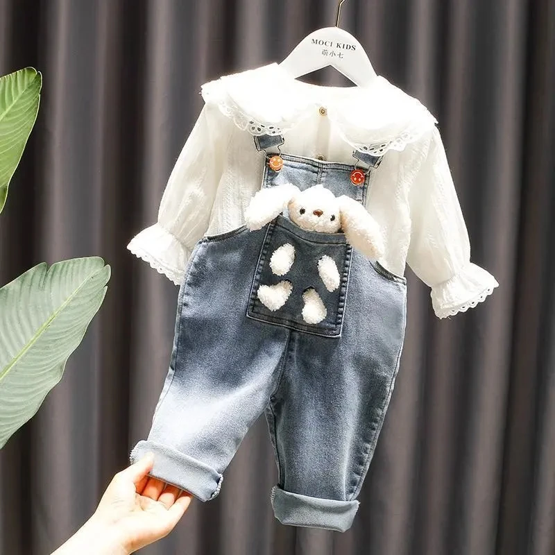 Girls bib suit jeans shirt 2-piece suit girl baby trousers cute girl shirt 2022 new spring and autumn clothes