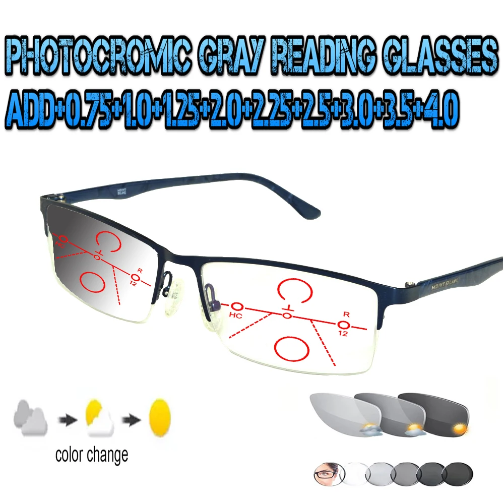 

Photochromic Gray Progressive Multifocal Reading Glasses Men Woem Ultralight Blu Frame+1.0 +1.5 +1.75 +2.0 +2.5 +3 +3.5 +4