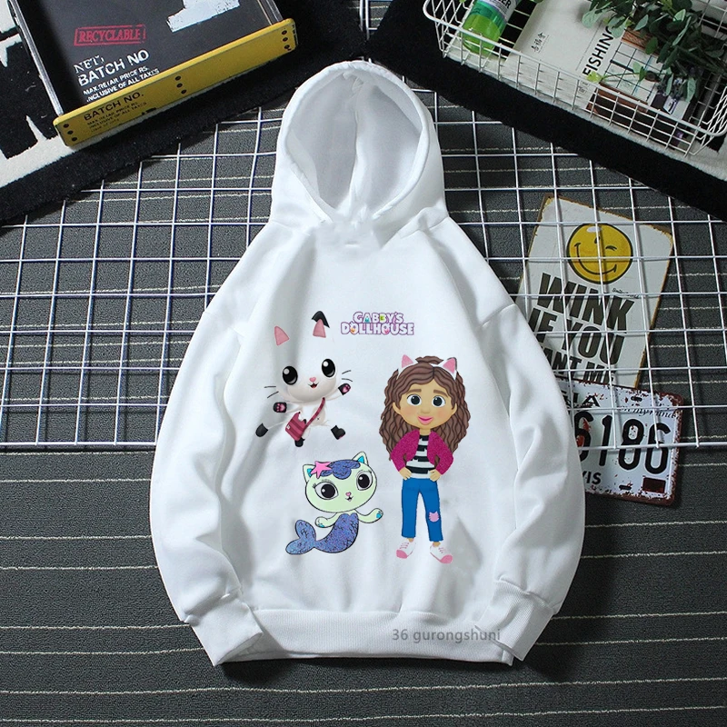 

Gabby'S Dollhouse Cat Mermaid Graphic Print Cap Hoodies Girls Kawaii Kids Clothes Winter/Spring Pink Sweatshirt Harajuku Coat