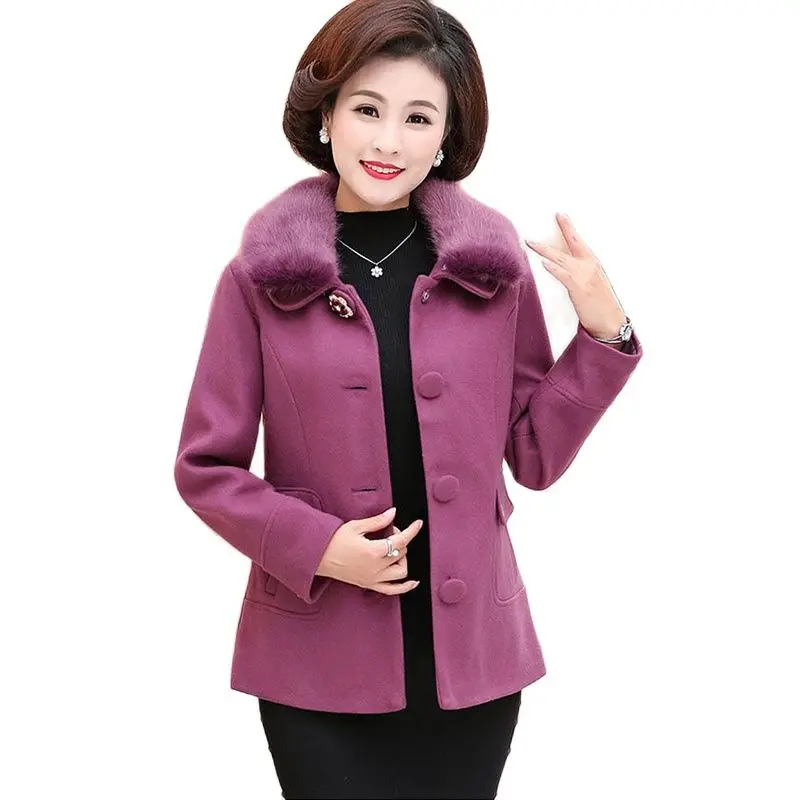 

2021 New Ladies Woolen Coat Autumn Winter Folder Cotton Add Thick Women Jacket Can Unload Fur Collar Mother Keep Warm Outerwear