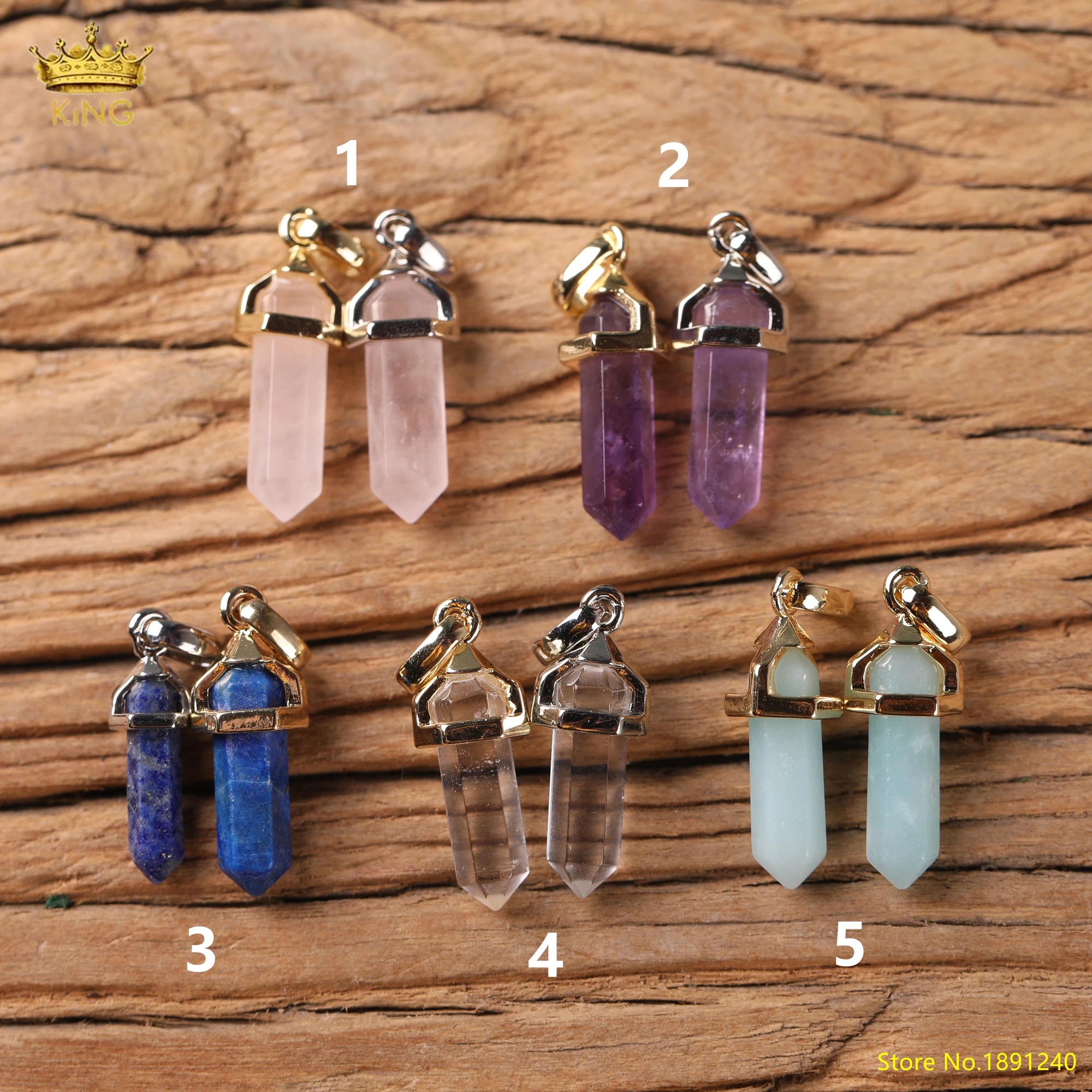 King 5pcs Natural Crystal Rose Quartz Lapis Lazuli Hexagonal Prism Pendant Necklace Gem Charm Jewelry Gift For Men/Women