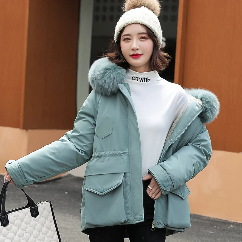 

Woman's Winter Solid Casual Thick Short Jacket Plus Size Female Coat with Fur Collar Loose Hooded Warm Wool Liner Ladies Jackets