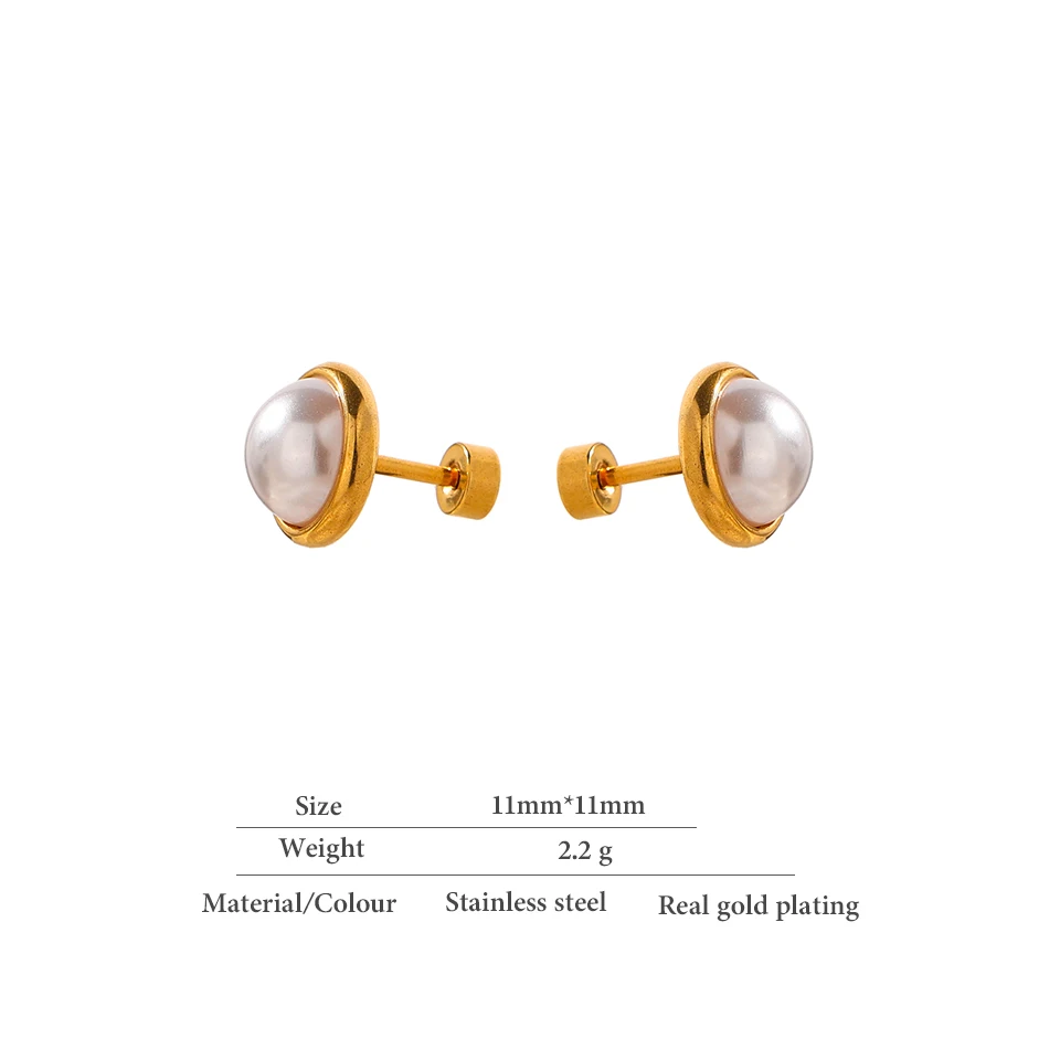 Yhpup Imitationsperlen-Ohrstecker mit Schraubverschluss, trendiger Edelstahl-Schmuck, geometrisch, 18 Karat vergoldet, Charm für Frauen, Gala-Geschenk – Detail 4
