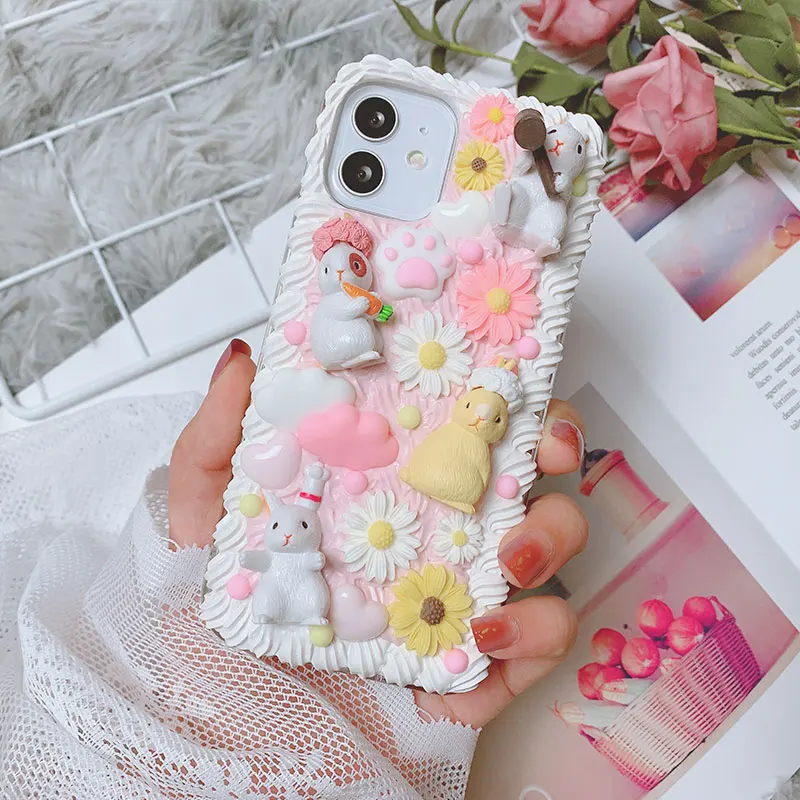 DIY handmade case For Samsung s21 ultra 3D Rabbit phone cover galaxy s21 plus cute cartoon cream shell s20 FE s8/9/10+ girl gift