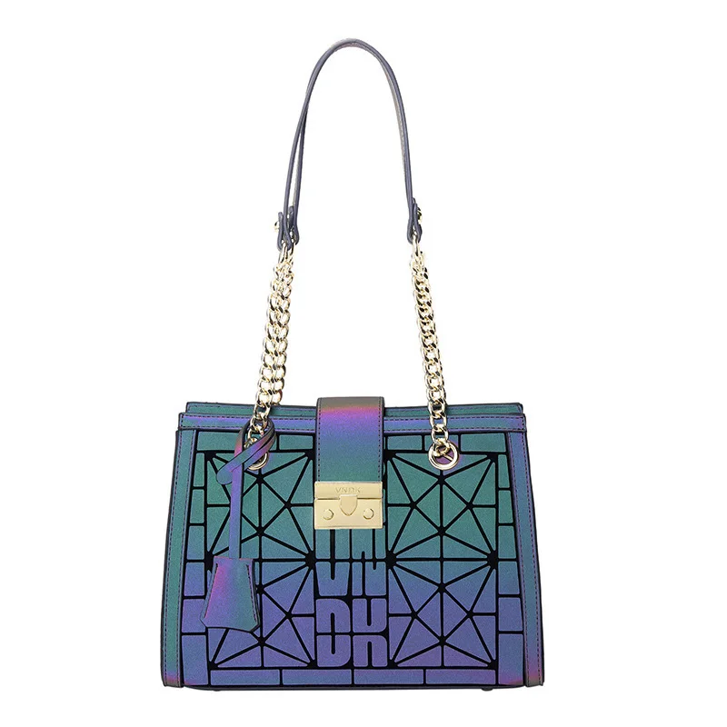 Luminous Geometric Women Chain Bags Fashion holographic Folding Female Handbags Diamond Lattice PU Designer Ladies Shoulder Bag