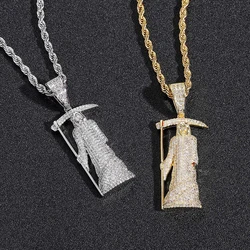 Grim Reaper Iced Out Pendants Necklace Full Bling Zircon Stone Chokers For Women Men Hip Hop Goth Jewelry With Long Chain