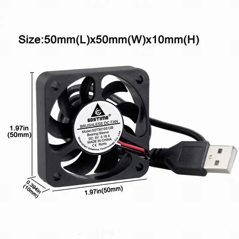 1Pieces LOT Gdstime 5V USB 5cm 50mm 5010 50x50x10mm Brushless DC Cooling Cooler Fan