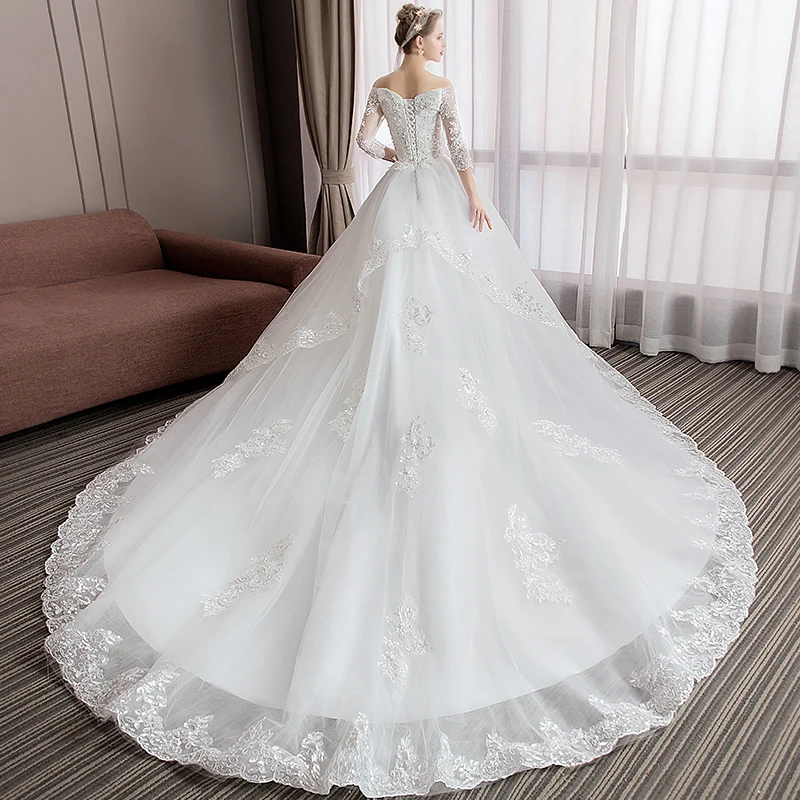 2022 cauda longa meia manga vestido de casamento princesa vestido de casamento renda v pescoço vestido de noiva plus size