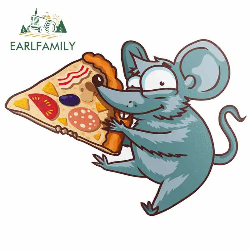 EARLFAMILY 13cm x 9.5cm for Cute Mouse Eating Pizza Cartoon Car Stickers Sunscreen Vinyl JDM Bumper Trunk Truck Graphics Decal