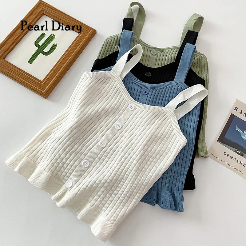 Pearl Diary Women  Strappy Ruffle Knitting Tops Summer Buttons Front Sweet Going Out Tops Sleeveless Sweetheart Neckline Tops